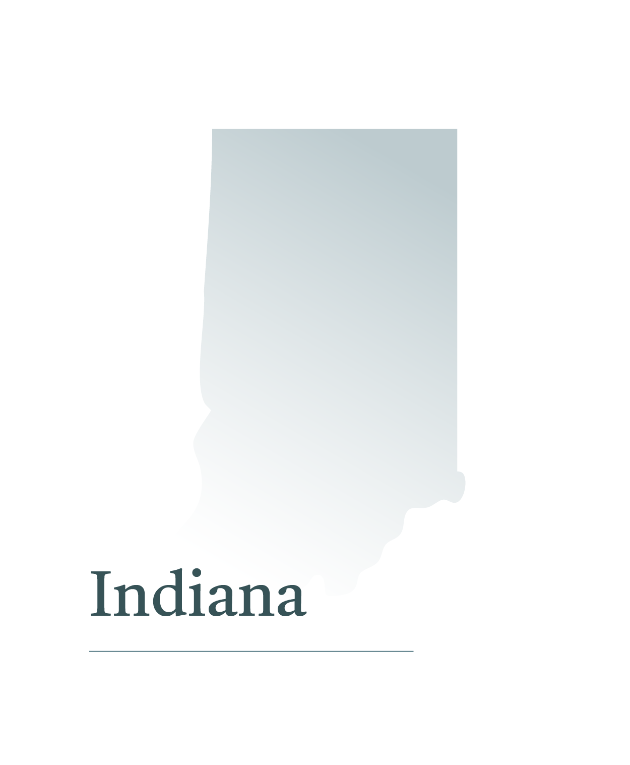 Outline map of the state of Indiana in light gray above the word 'Indiana'.