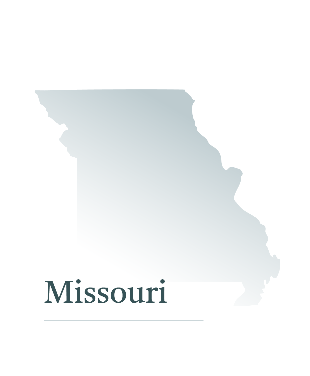 Outline map of the U.S. state of Missouri in gradient blue above the text 'Missouri'.