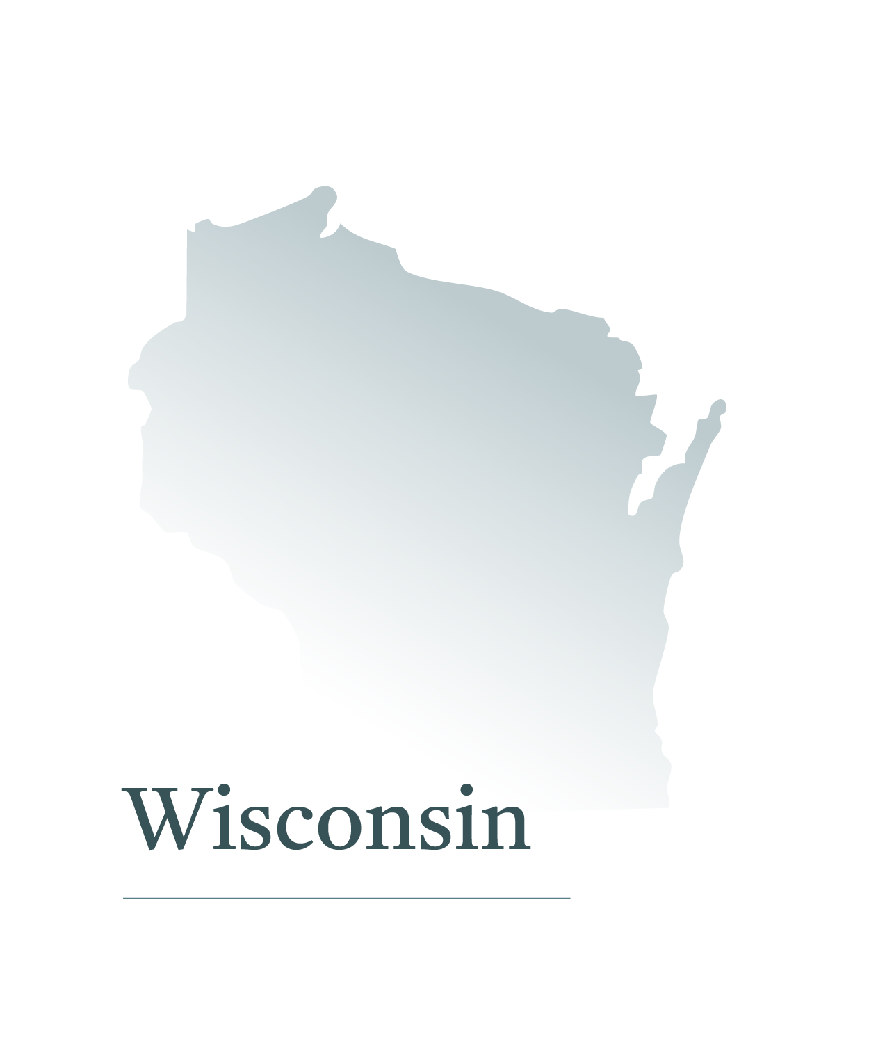 Outline map of the state of Wisconsin with the label 'Wisconsin' below.