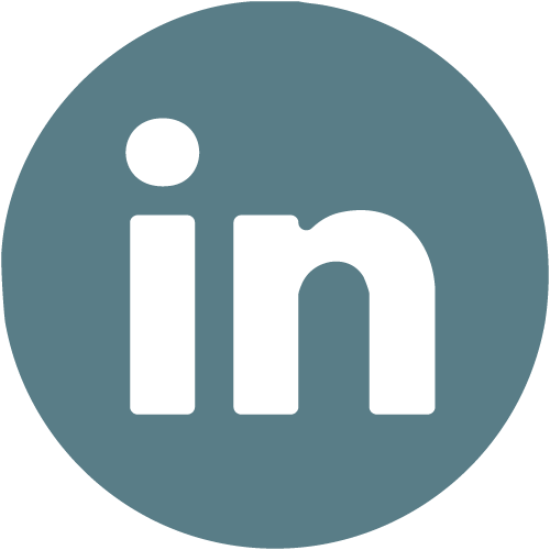 LinkedIn social media icon in white on a blue-gray circular background.