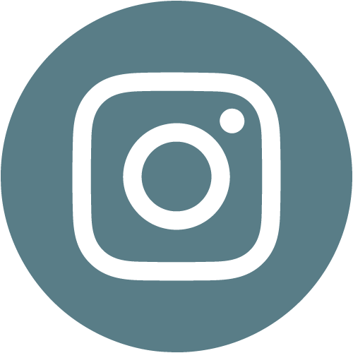 Instagram logo in white on a blue-gray circular background.