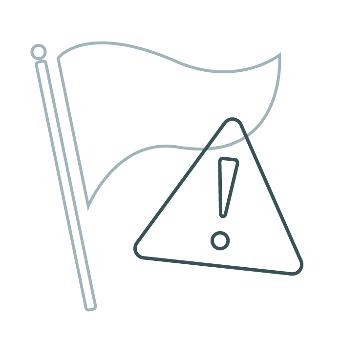 Outline of a flag next to a triangular warning sign with an exclamation mark inside.