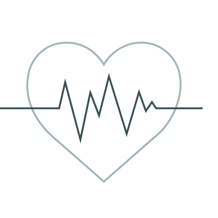 Heart shape outline with an electrocardiogram line running through it.