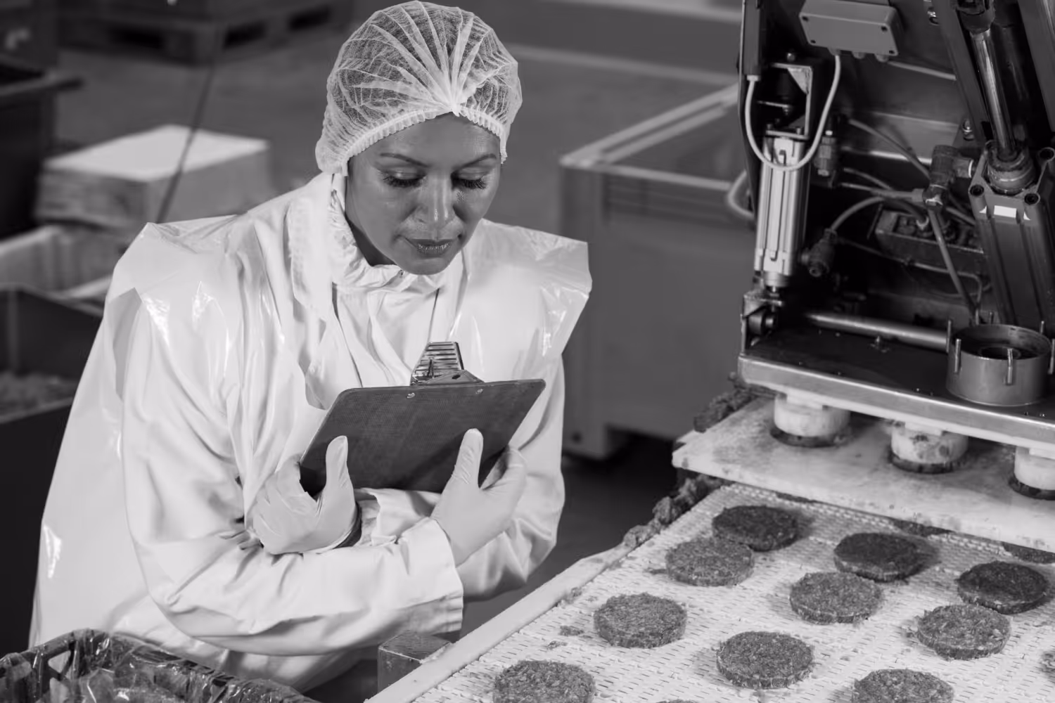 Food industry worker in protective clothing inspecting plant-based burger patties on a conveyor belt with a clipboard.