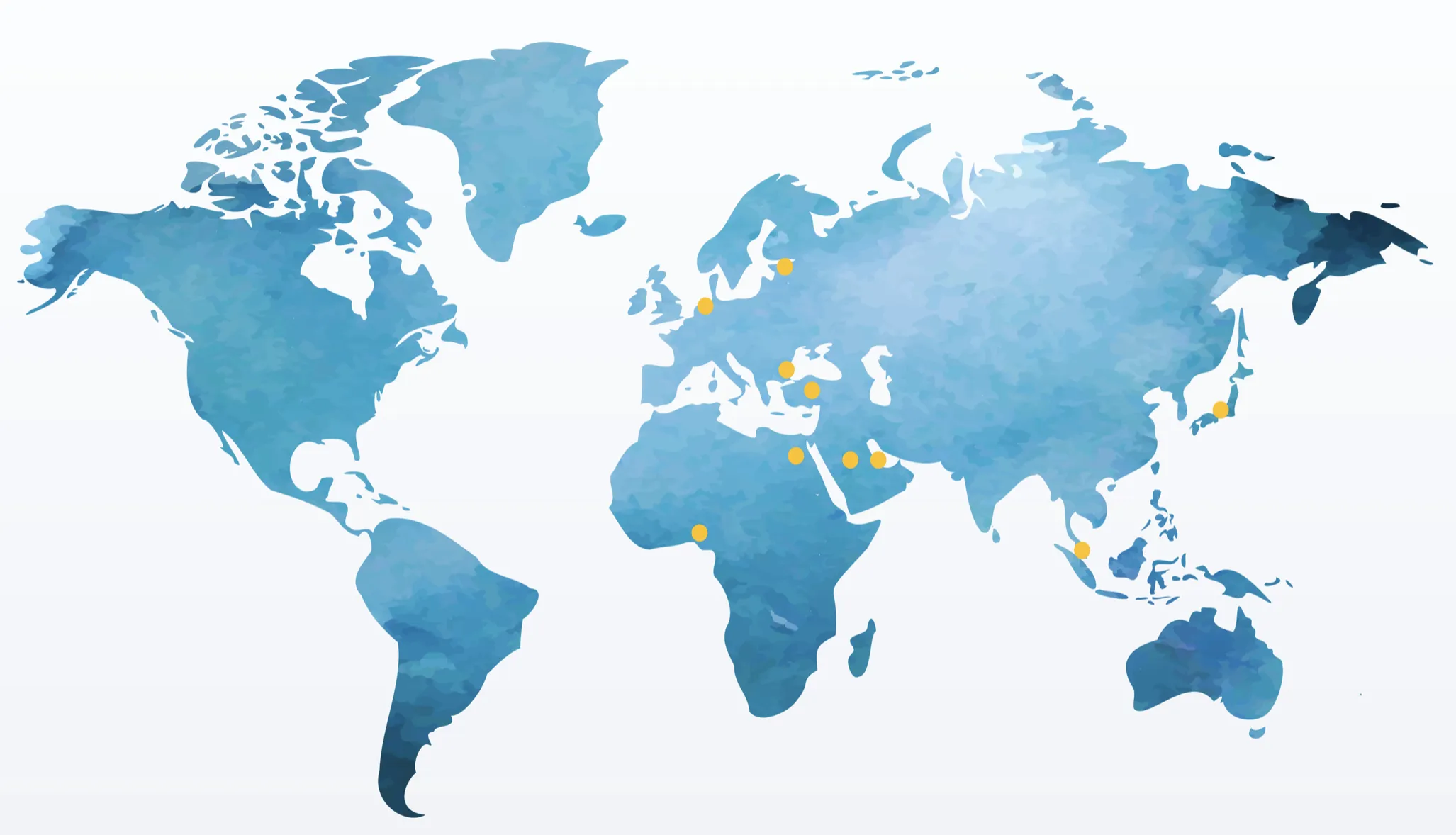 World map with blue watercolor continents and yellow dots marking various locations across Europe, Asia, and Africa.
