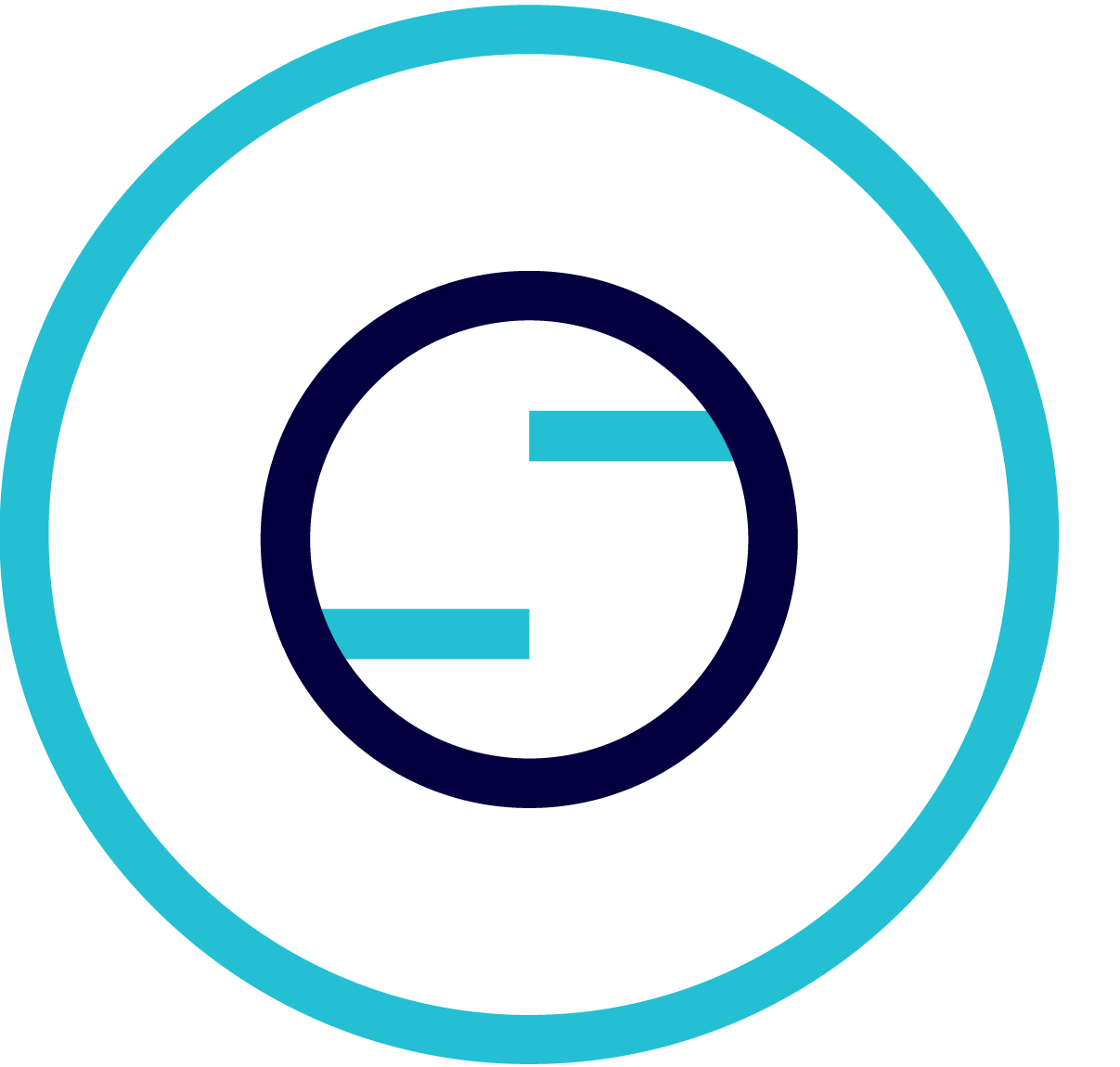 Blue circular outline surrounding a smaller dark circle with two short horizontal blue bars inside.