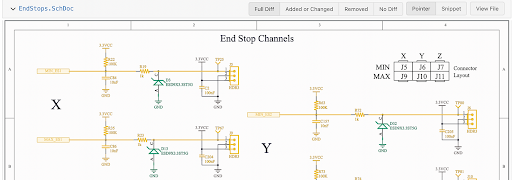 Schematic diff with changed components in yellow and new components in green.