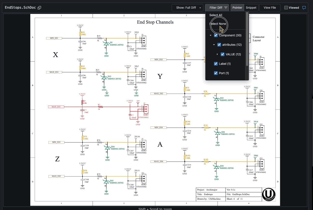 PCB layout interface zooming into specific board regions, showing highlighted sections and interaction with region-specific data during hardware design reviews.