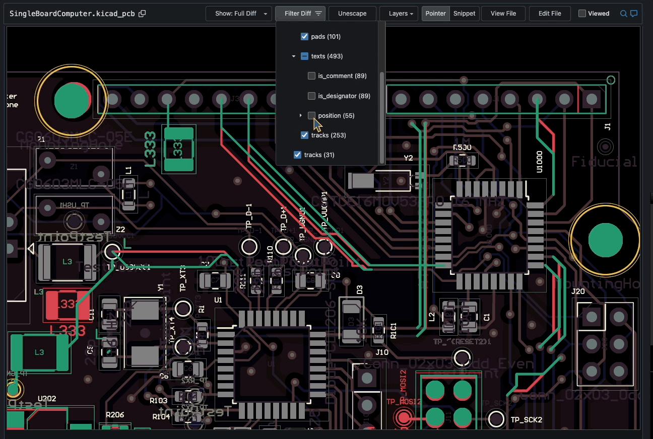 PCB component footprints, with toggling between footprint views and design variations.