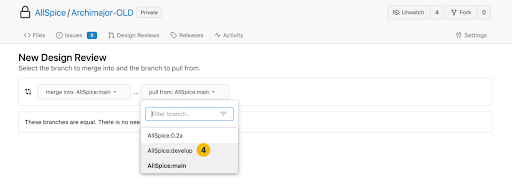 AllSpice merge branch selection.