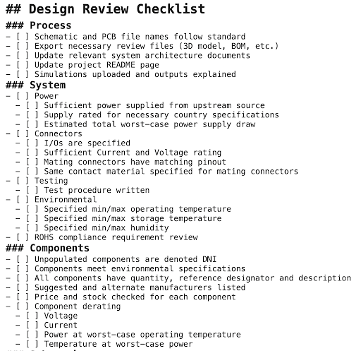 Default design review checklist.