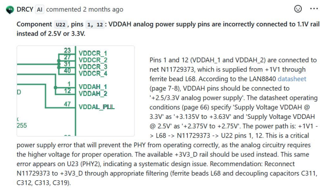 DRCY AI detecting an unintended IC pin assignment change during hardware design review