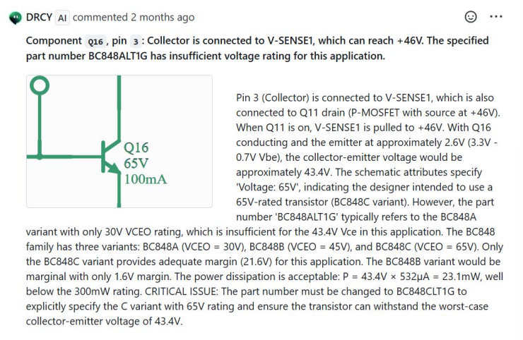 DRCY AI identifying an incorrect transistor variant during schematic review