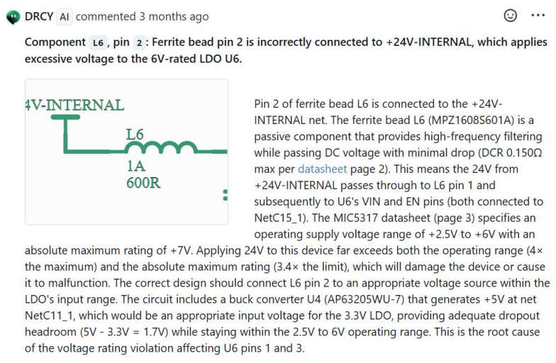 DRCY AI detecting an incorrect power connection during a hardware schematic review