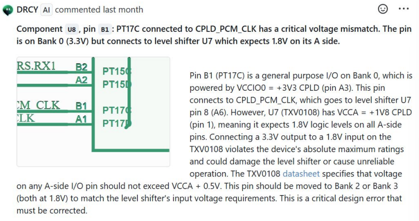 DRCY AI detecting a voltage mismatch in an electronic schematic design