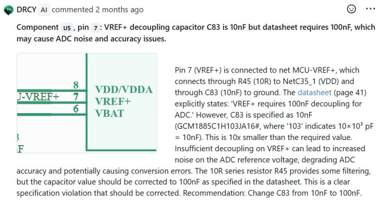 DRCY AI verifying schematic components against manufacturer datasheet requirements