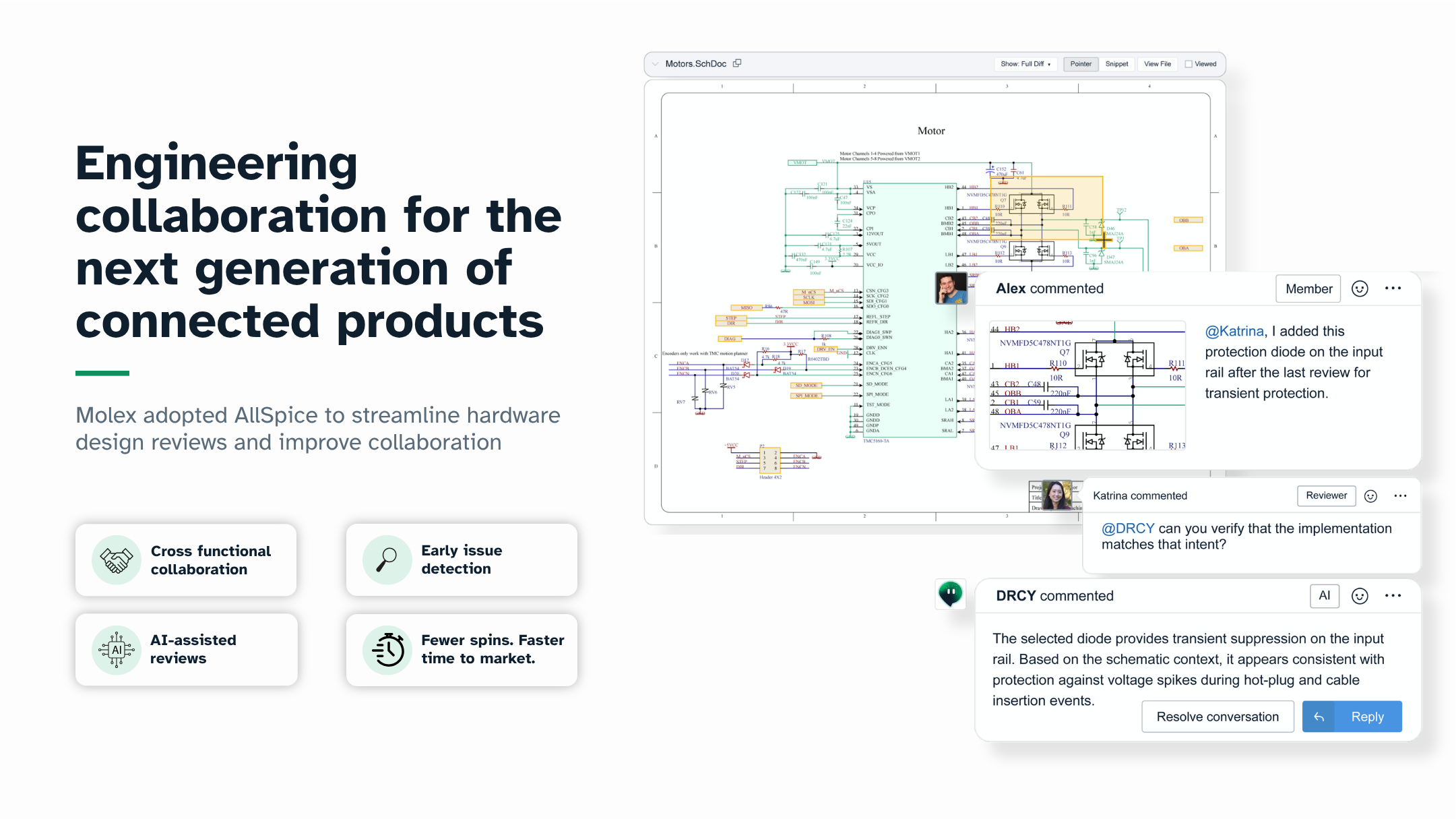 Molex hardware design review showing an electronic schematic with collaborative comments and AI-assisted feedback from DRCY.