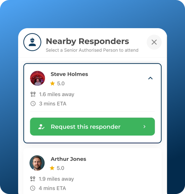 Screen showing nearby high-voltage responders including ratings, ETA and distance.
