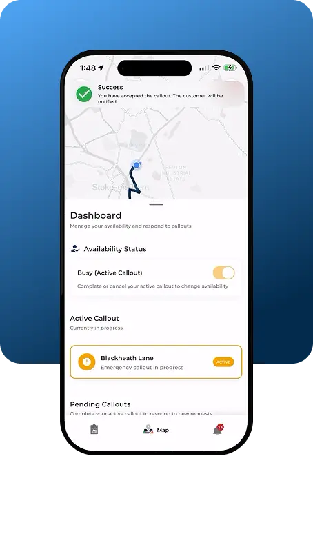 Phone showing real time information abou the callout, including the destination of the customer meeting point.