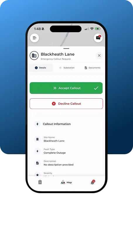 Phone Screen showing partners accept callout screen. Emulating a real emergency callout.
