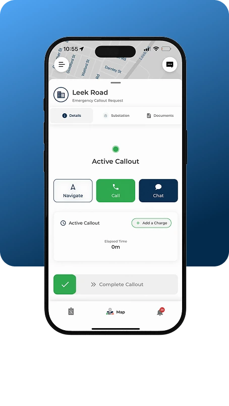Phone showing options to navigate, call or message the customer, including location and time elapsed