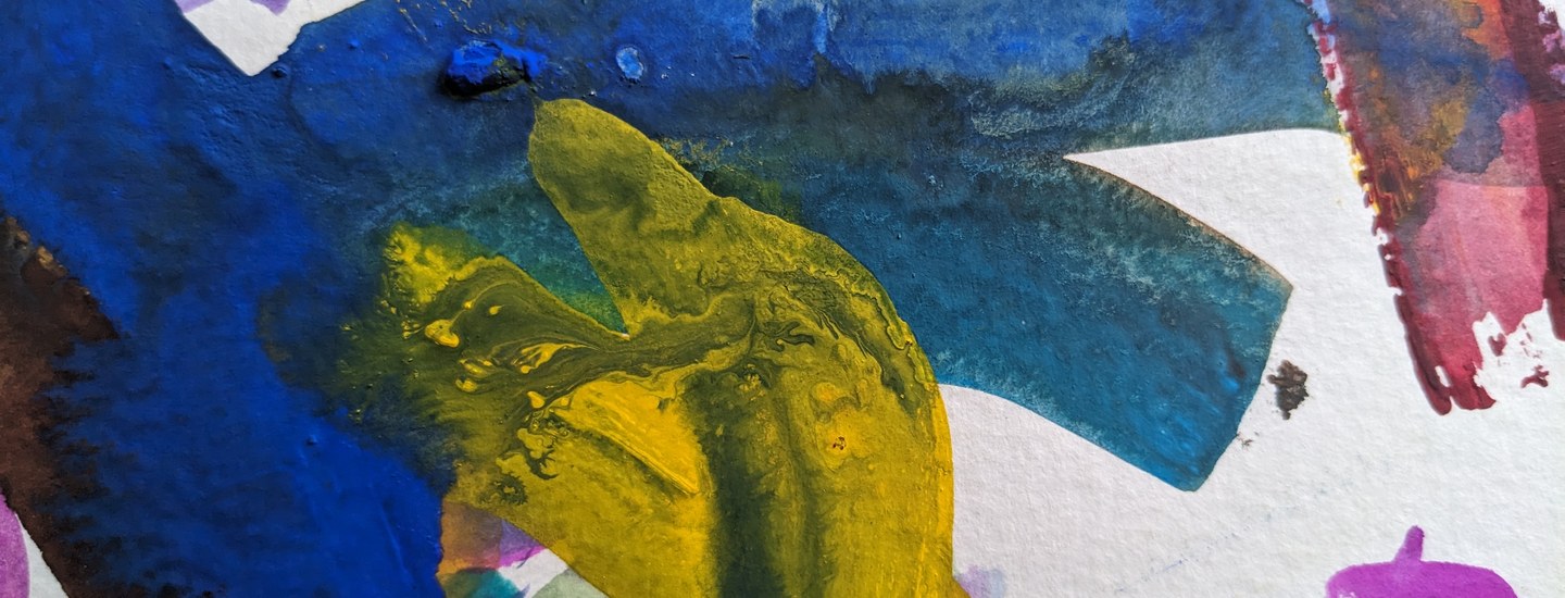 Abstract mixed-media painting on white watercolor paper - large overlapping forms in cobalt blue, yellow-green, magenta, and teal, with thick gouache marks layered over loose watercolor washes, dense and gestural.