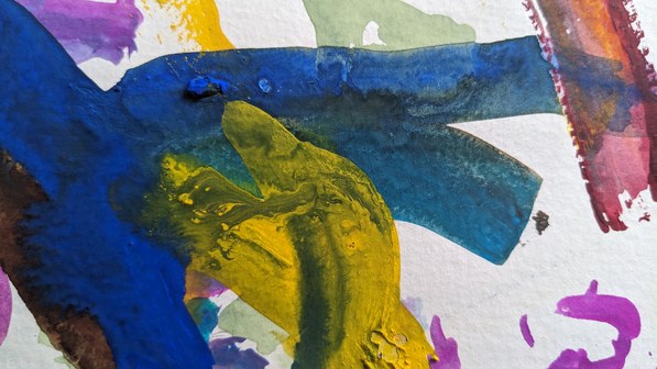 Abstract mixed-media painting on white watercolor paper - large overlapping forms in cobalt blue, yellow-green, magenta, and teal, with thick gouache marks layered over loose watercolor washes, dense and gestural.