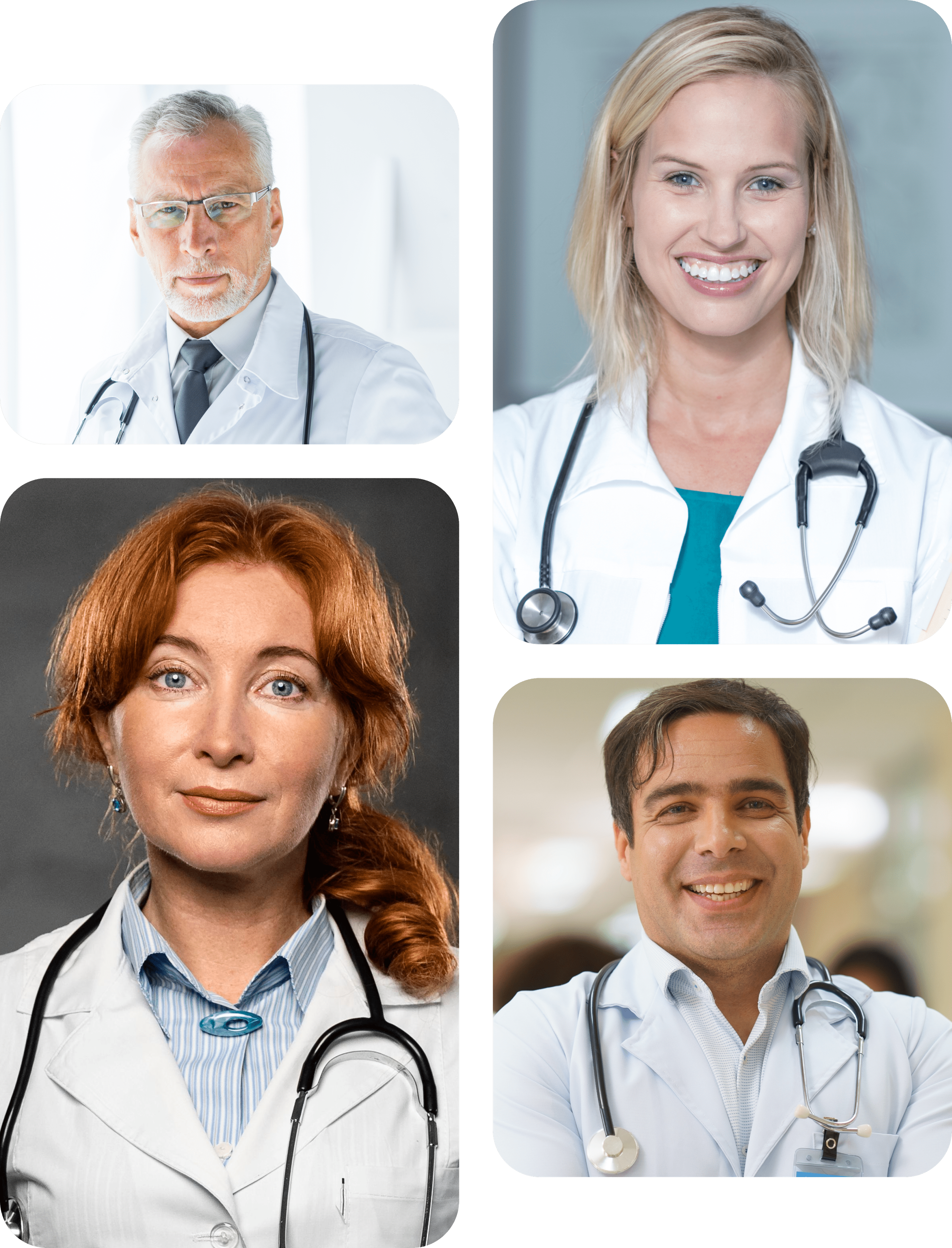 Collage of four doctors in white coats with stethoscopes, smiling and looking at the camera.