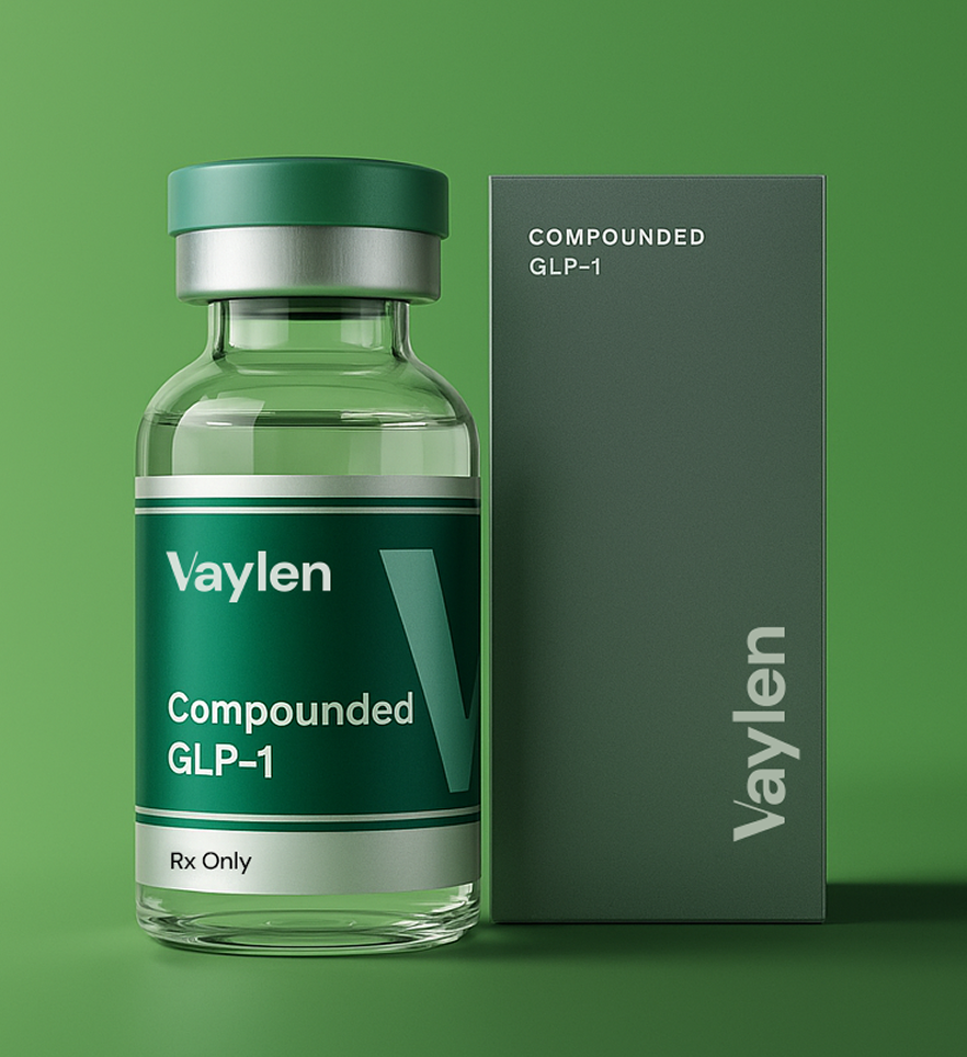 Glass vial and box of Vaylen compounded GLP-1 medication on green background.