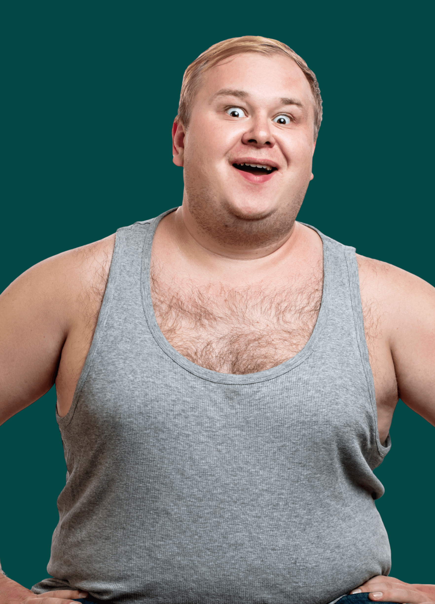 Smiling man with light hair wearing a gray tank top against a teal background.