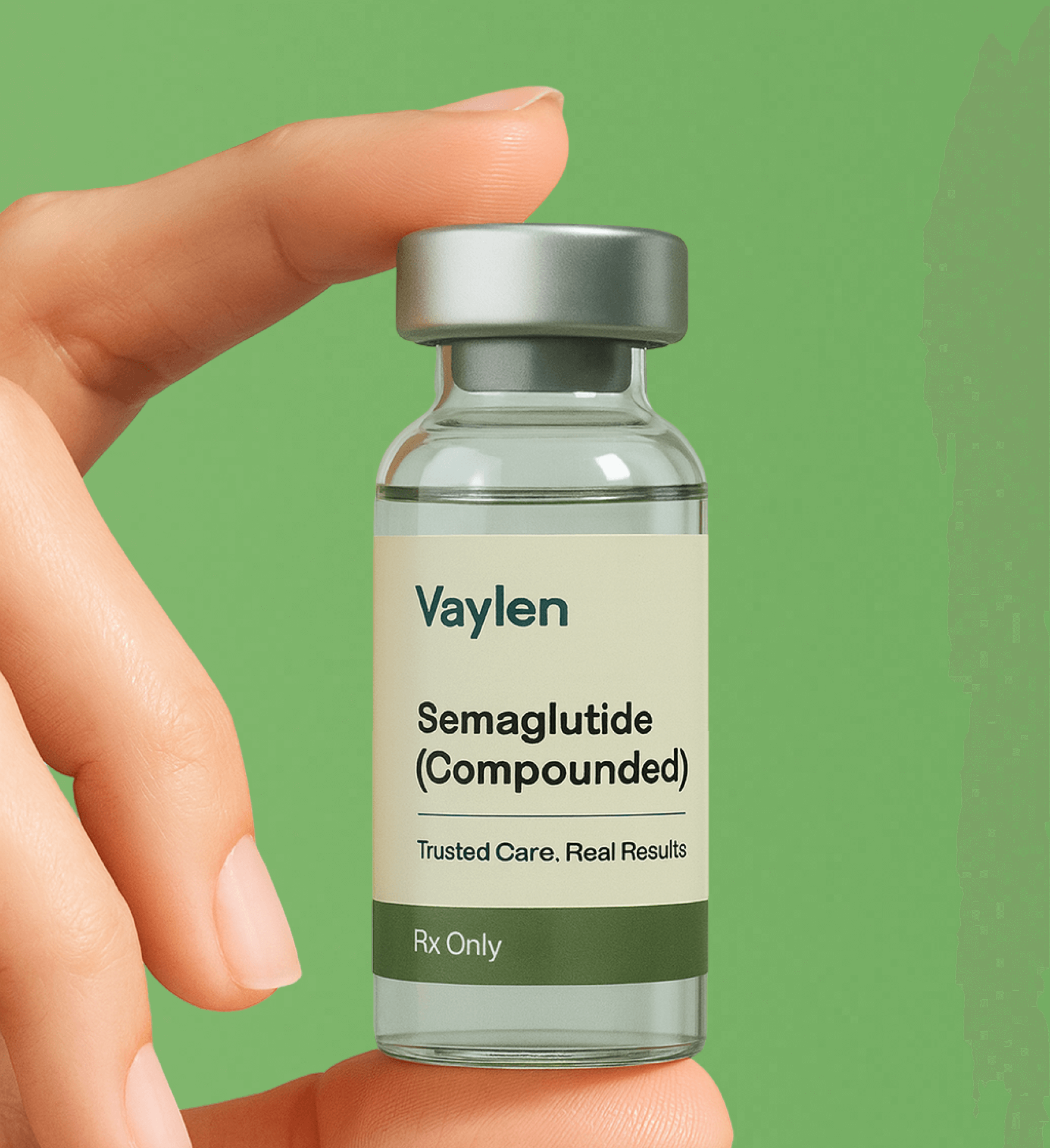 Hand holding a small glass vial labeled 'Vaylen Semaglutide (Compounded) Trusted Care, Real Results Rx Only' against a green background.