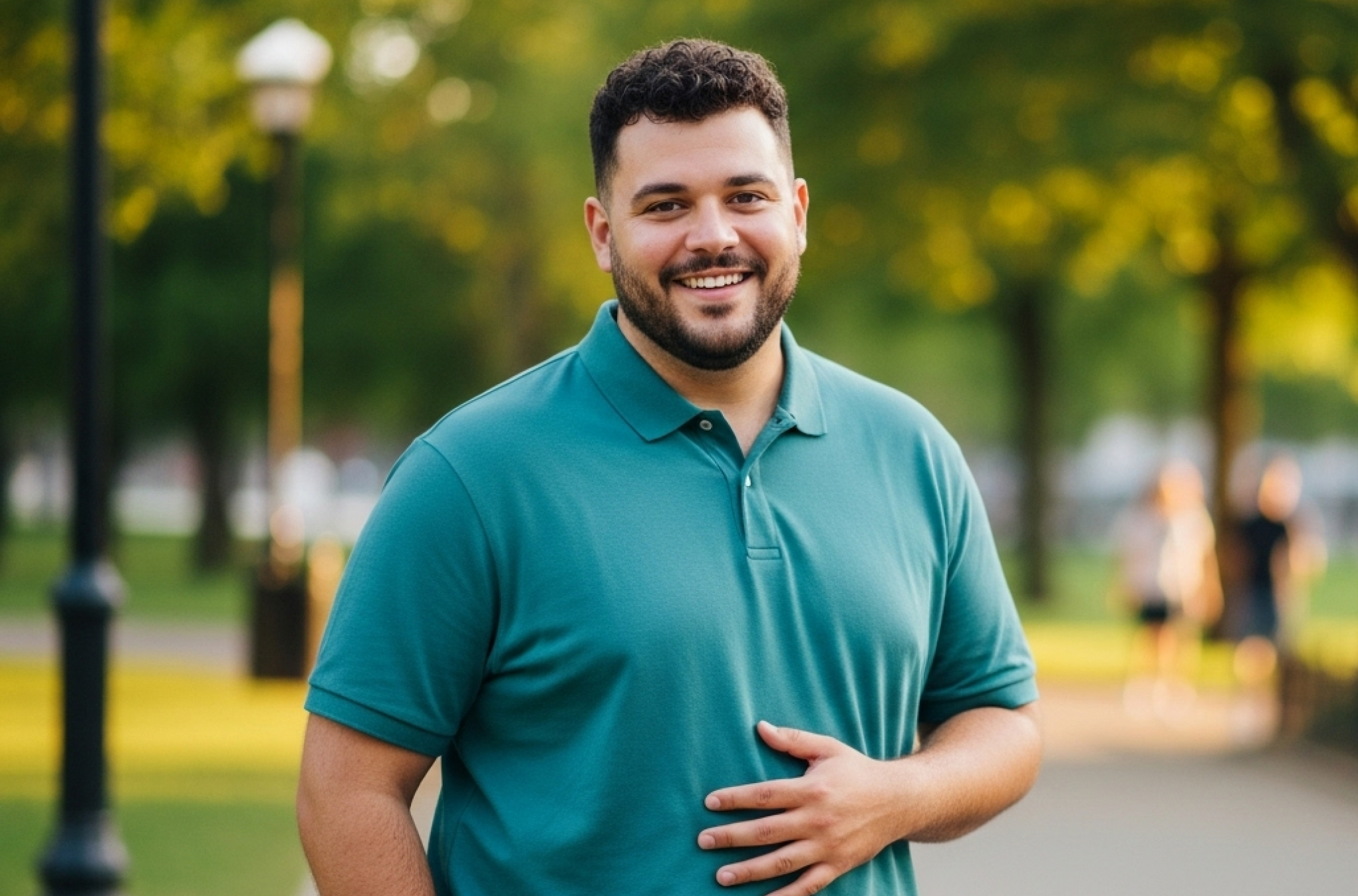 Smiling man with short curly hair and beard wearing a teal polo shirt standing outdoors with one hand on his stomach.