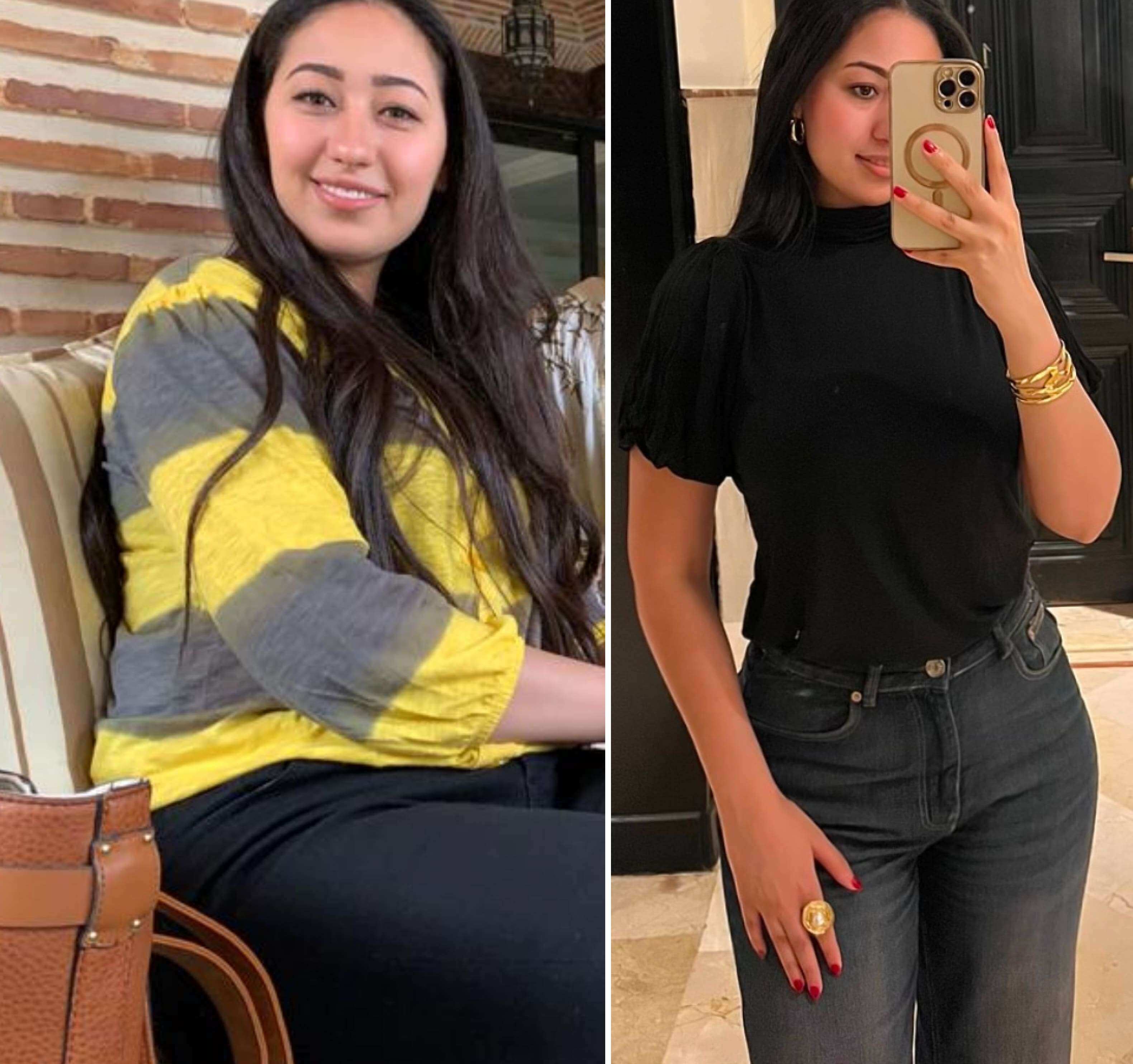 Side-by-side images of a woman with long dark hair; left sitting on a chair wearing a yellow and gray striped blouse, right taking a mirror selfie in a black puff-sleeve top and dark jeans.