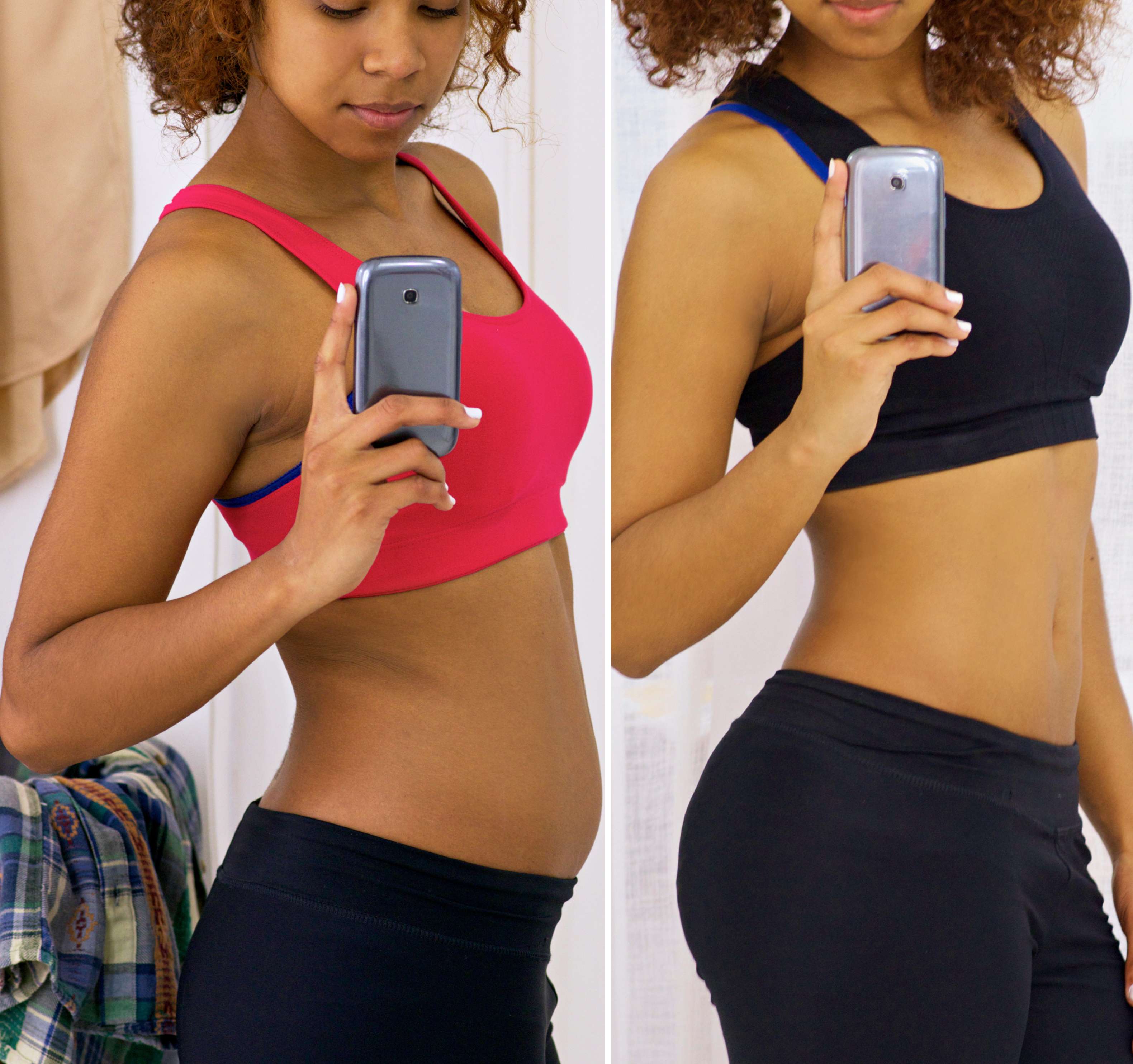 Side-by-side comparison of a woman taking mirror selfies showing a slightly protruding belly on the left and a flat stomach on the right.