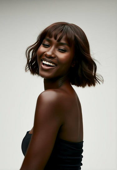 Smiling young woman with short wavy hair wearing a black strapless top against a plain light background.
