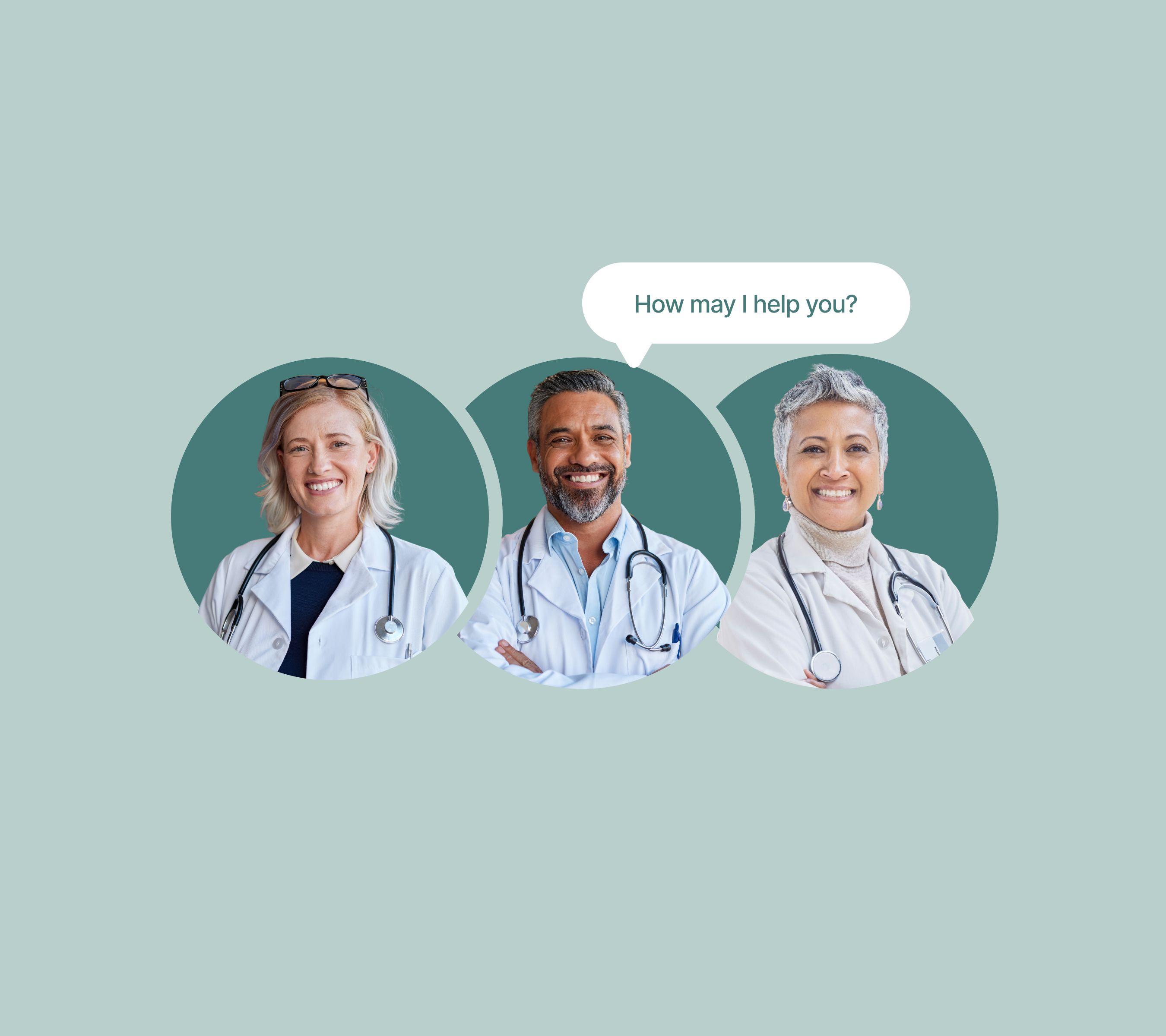 Three smiling doctors each wearing white coats and stethoscopes, with a speech bubble above the middle doctor saying, 'How may I help you?'