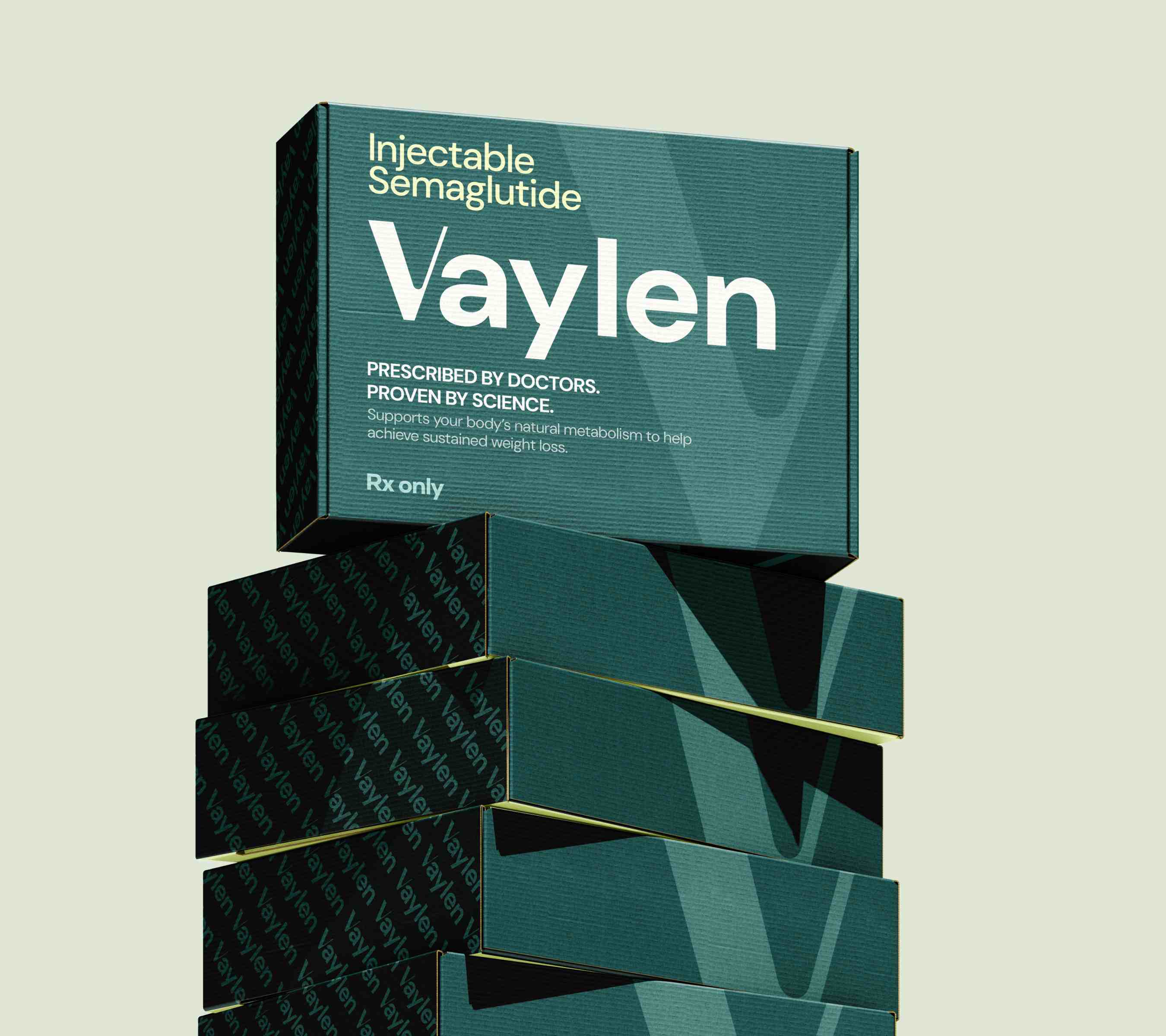 Stack of green boxes labeled Vaylen, an injectable semaglutide medication for weight loss.