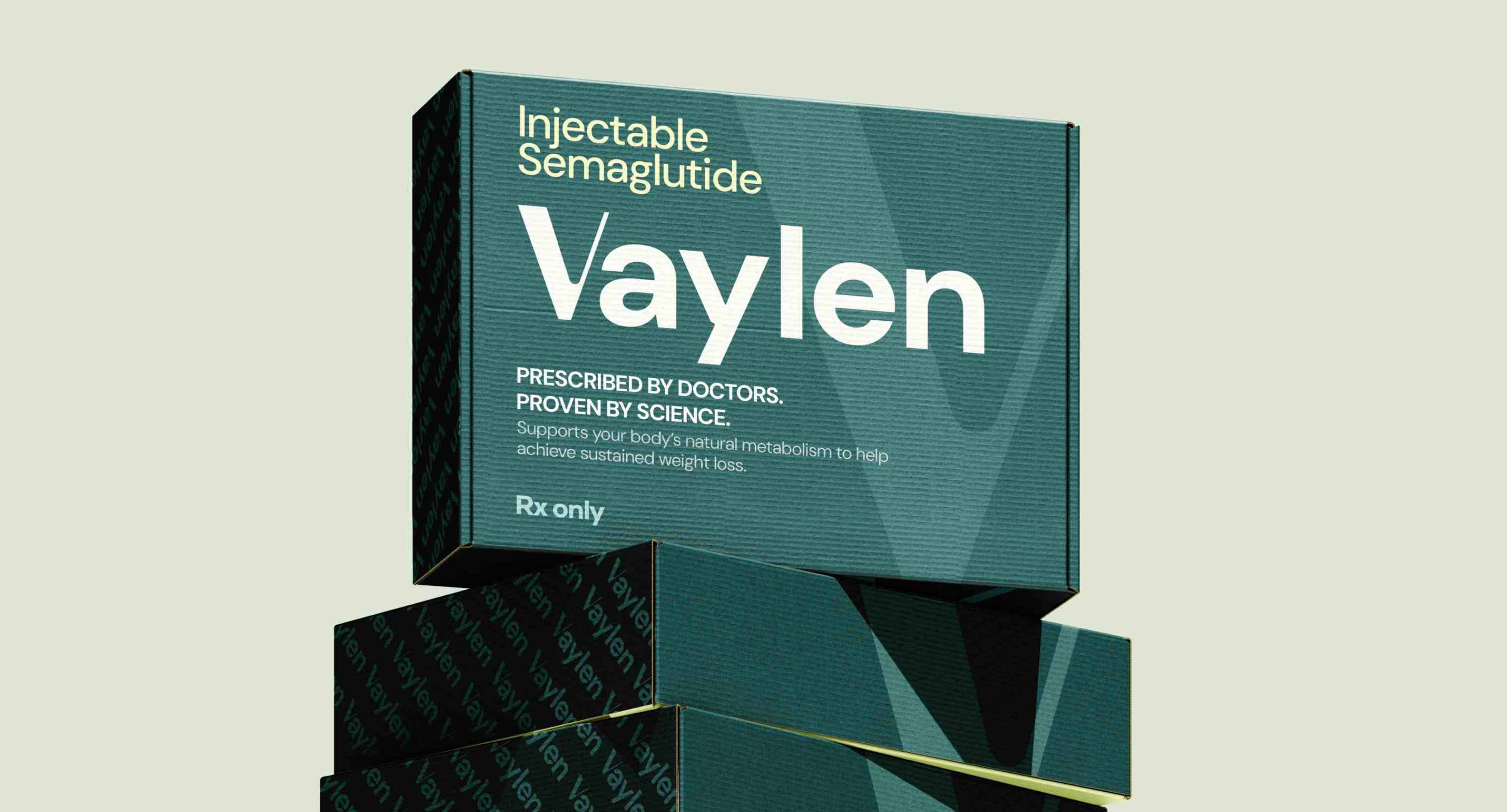Stack of Vaylen Injectable Semaglutide boxes with the text 'Prescribed by doctors. Proven by science.' and 'Rx only'.