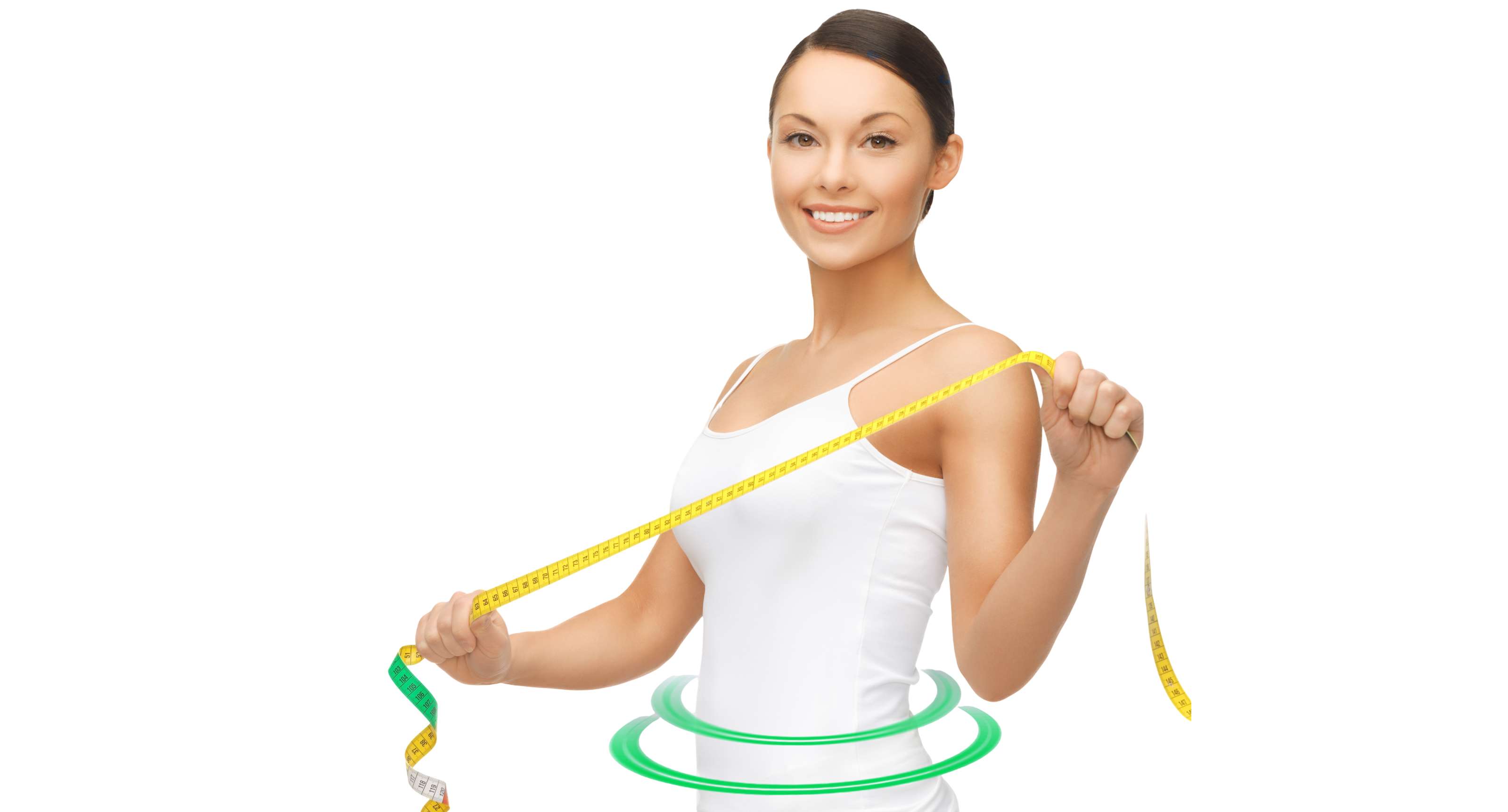 Smiling woman in white tank top holding a yellow measuring tape around her waist with green digital rings indicating weight loss.