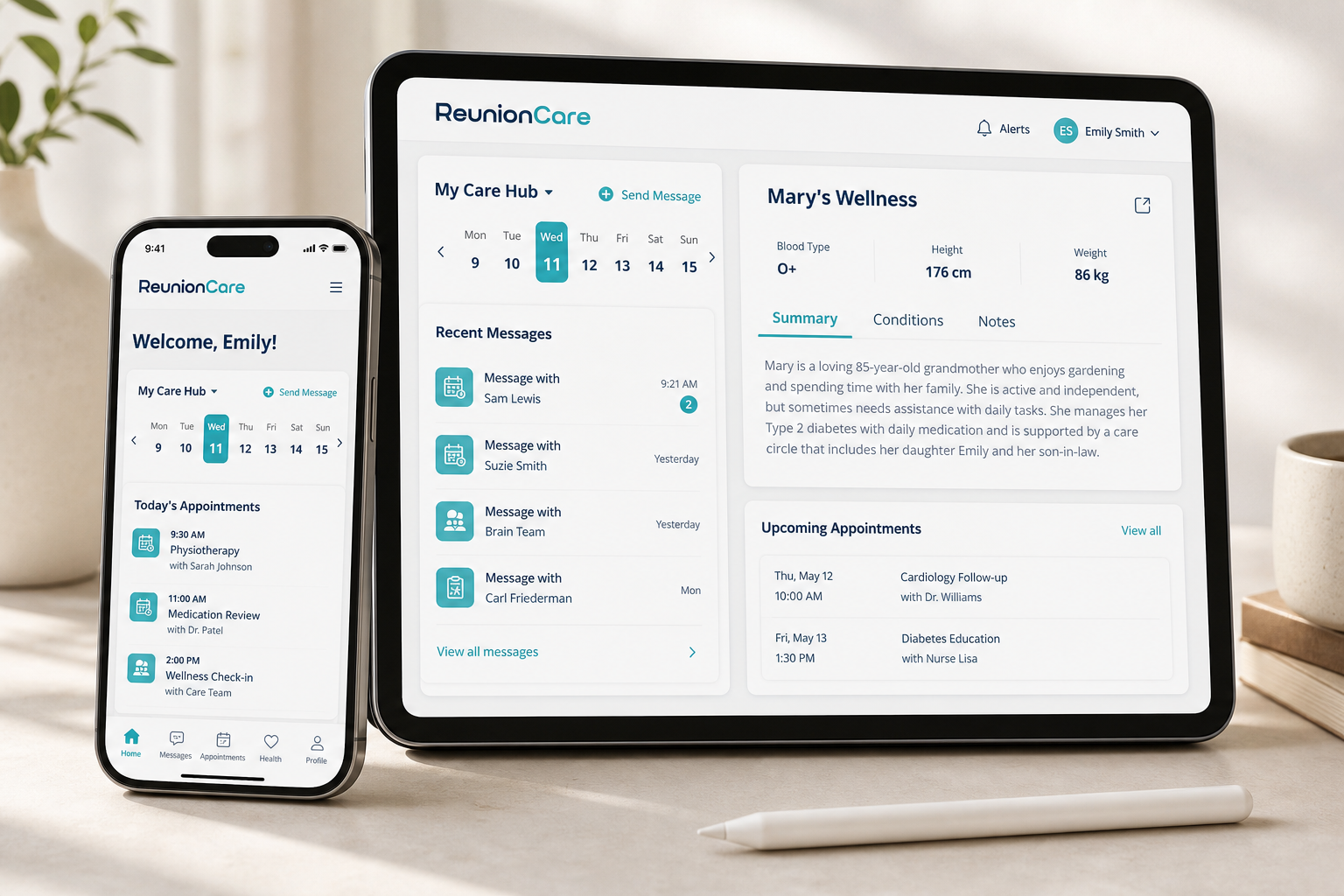 ReunionCare care hub app dashboard mockup on phone and tablet