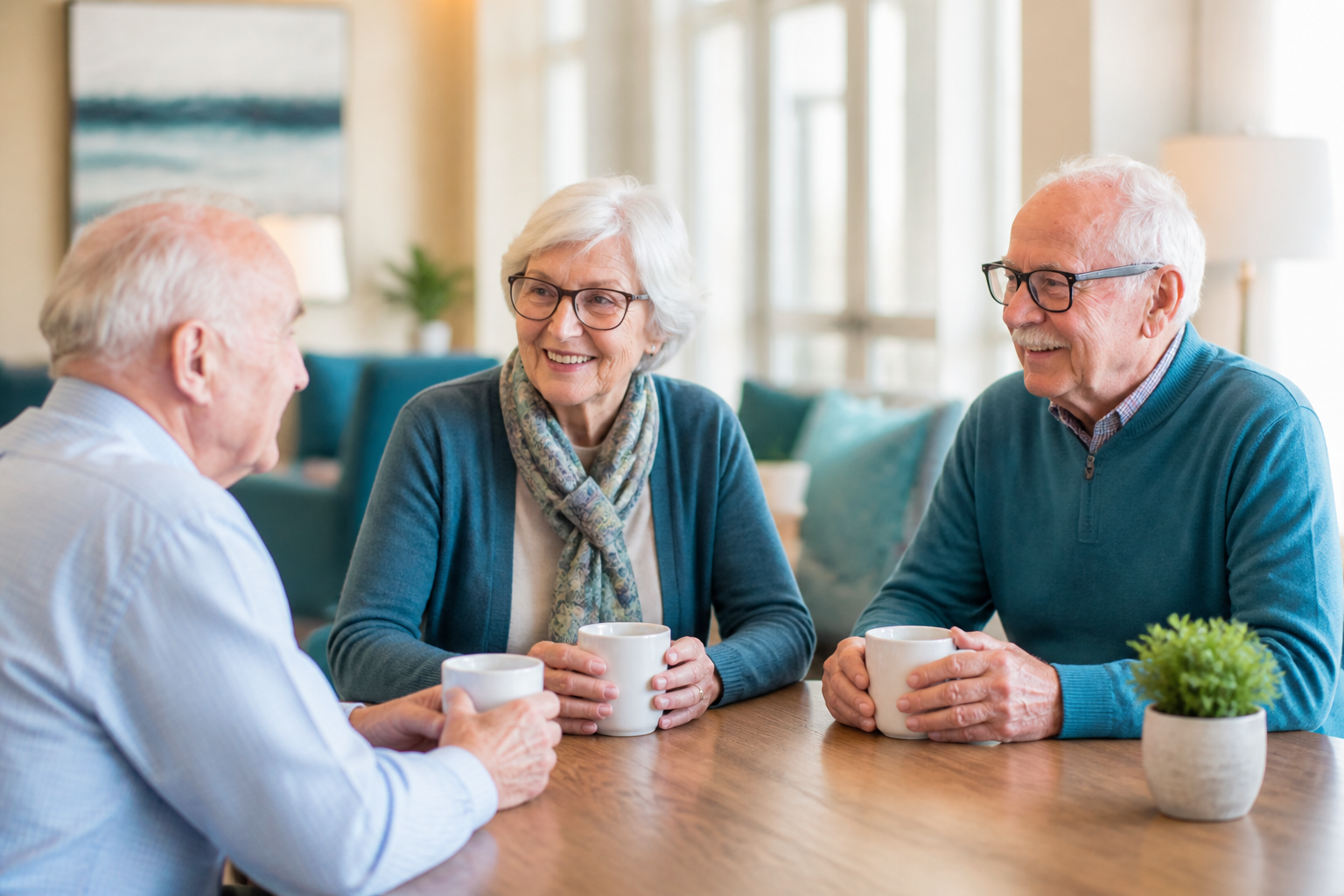 Older friends sharing coffee and conversation at a senior living community
