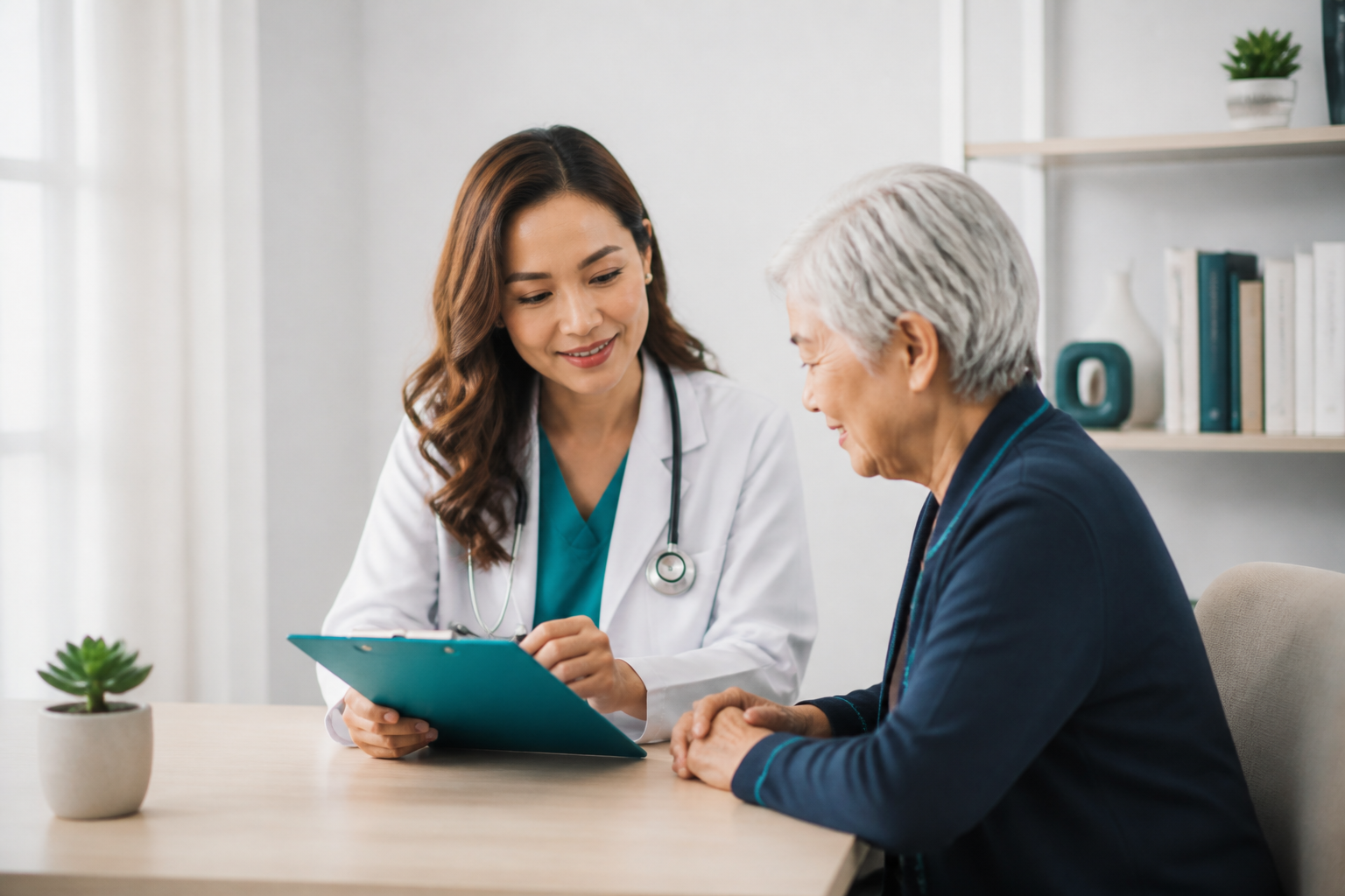 Geriatric clinician reviewing care notes with an older patient