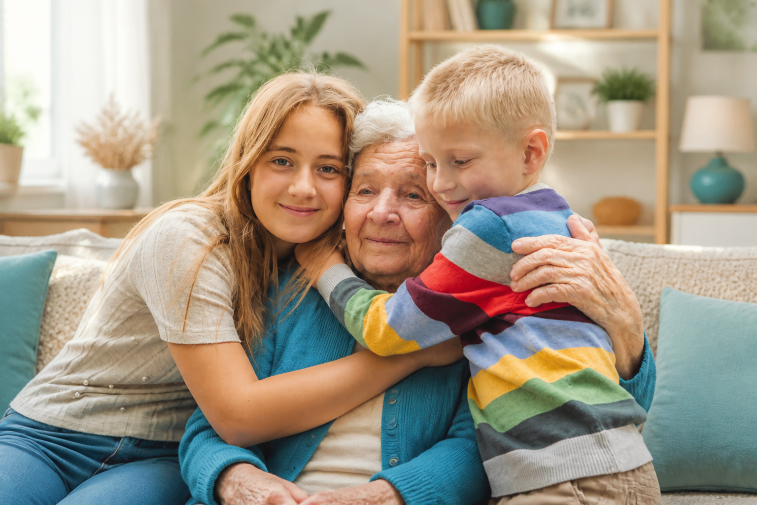 Grandmother embraced by grandchildren in a sunlit family home