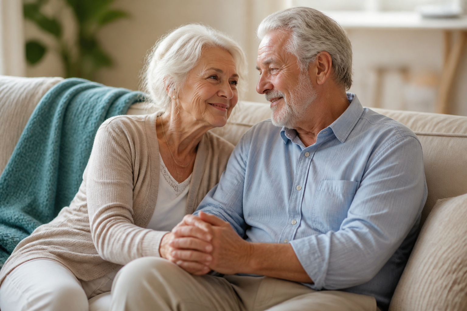 Loving older couple holding hands indoors on a cream sofa