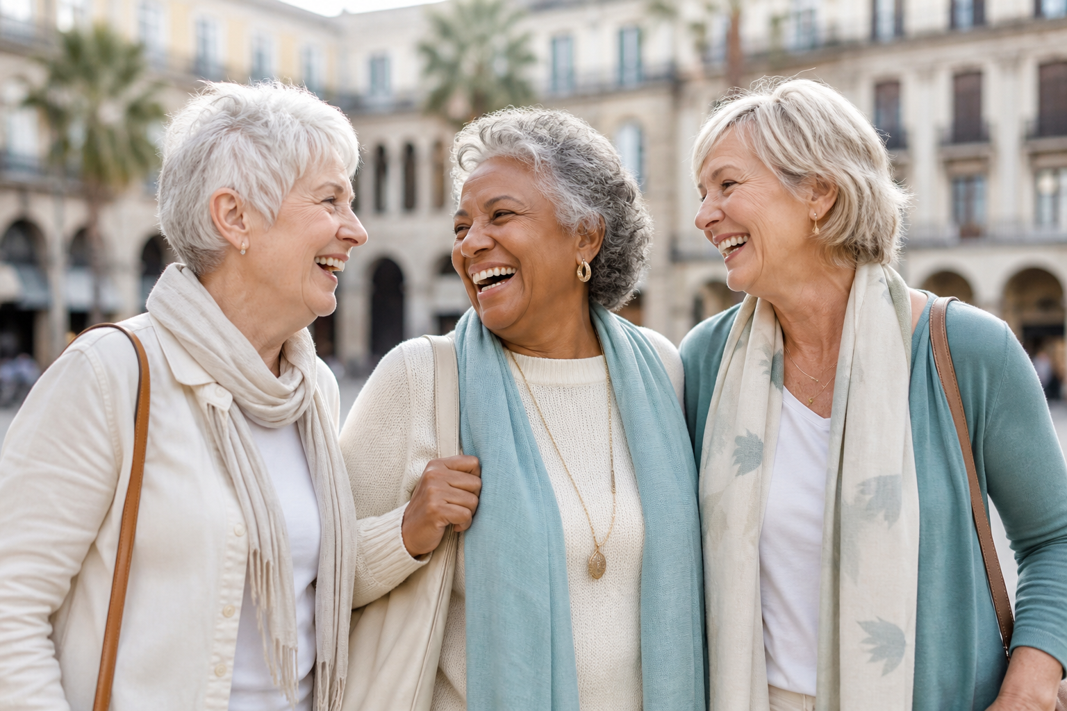 Older friends enjoying leisure travel together in a bright city plaza