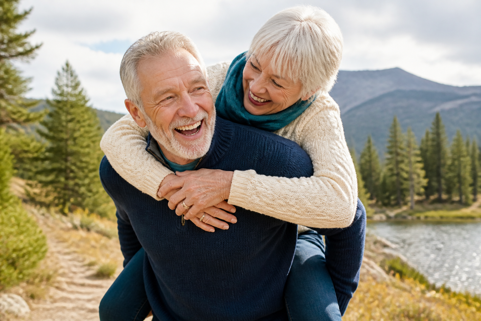 Happy older couple sharing a playful outdoor moment in nature