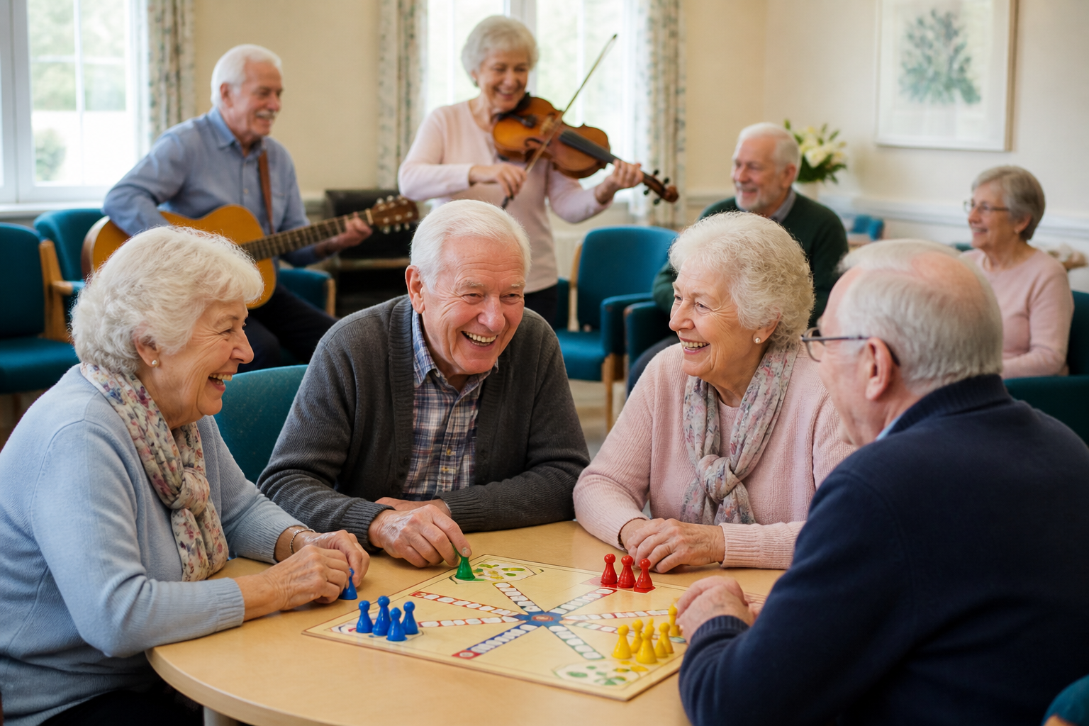 Seniors enjoying music and games together in a bright community room