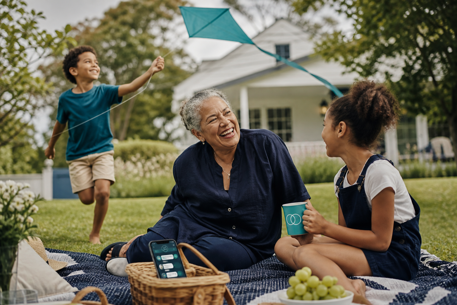 Grandmother embraced by grandchildren in a sunlit family home
