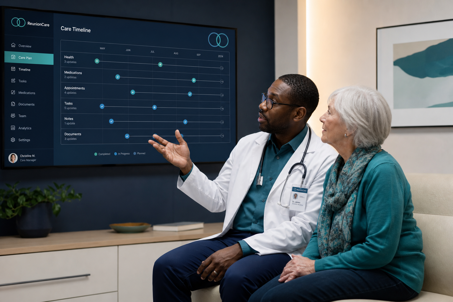 Geriatric clinician reviewing care notes with an older patient
