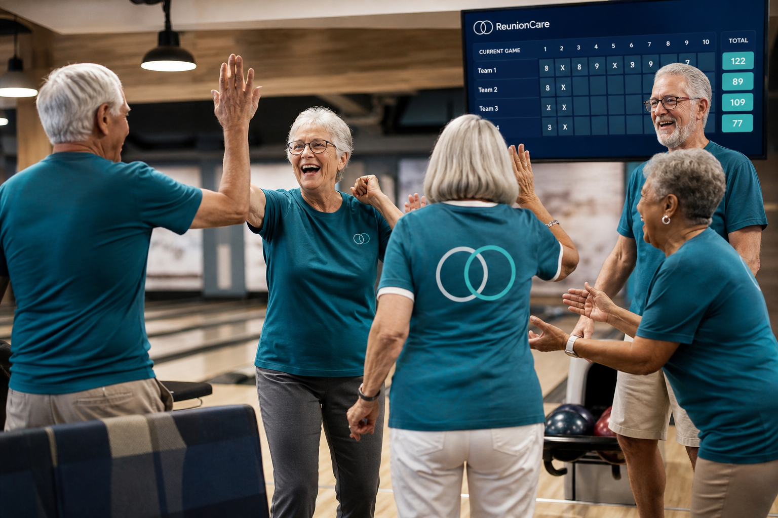 Seniors enjoying music and games together in a bright community room